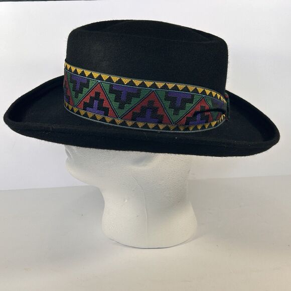 VTG USA Made Wool Fedora Hat Black Southwest Tribal Aztec Banded One Size Unisex - Picture 4 of 12